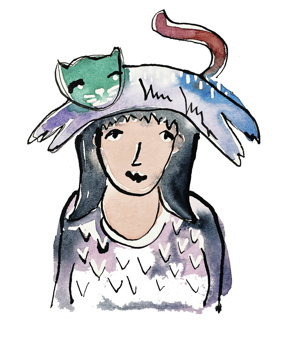 watercolour lady and cat